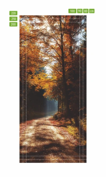 Fototapeta na drzwi z nadrukiem leśnej drogi wśród jesiennych, złotych drzew, przedstawiona jako wzór z wymiarami