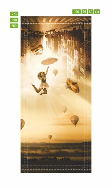 Fototapeta na drzwi Nowy Jork do góry nogami FP 6059 - Wzór graficzny. Grafika przedstawia odwrócone miasto z balonami