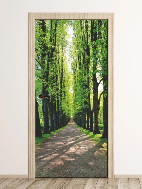 Fototapeta na drzwi parkowa aleja FP 6047 - Aranżacja w korytarzu. Ściany w jasnych kolorach, drewniana podłoga
