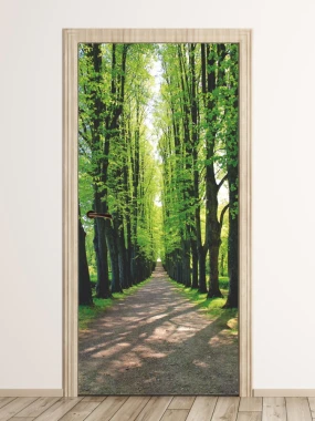 Fototapeta na drzwi parkowa aleja FP 6047 - Aranżacja w korytarzu. Ściany w jasnych kolorach, drewniana podłoga