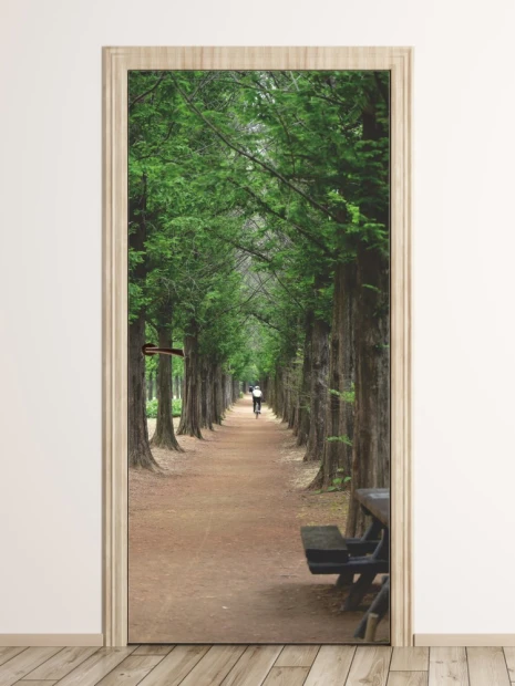 Fototapeta na drzwi z nadrukiem parkowej alei z drzewami i rowerzystą w oddali