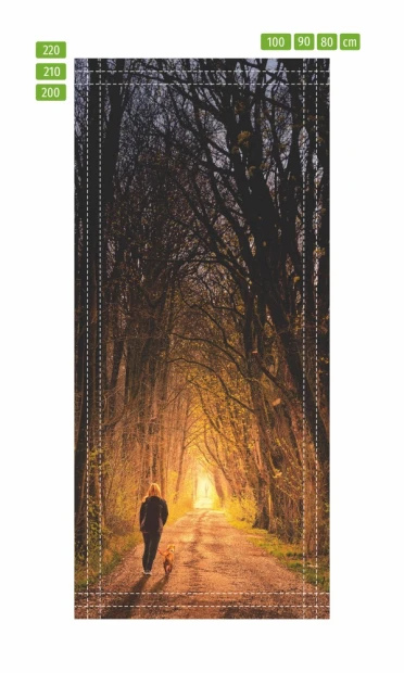 Fototapeta na drzwi spacer FP 6029 - Wzór graficzny. Przedstawia osobę spacerującą z psem w lesie, otoczoną drzewami
