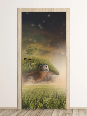 Fototapeta na drzwi baśniowy żółw FP 6095 - Aranżacja w nowoczesnym wnętrzu. Ściany w jasnych odcieniach, naturalne drewno