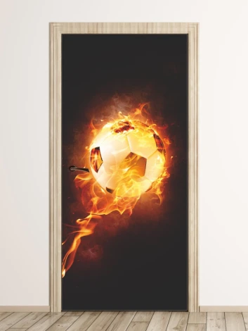 Fototapeta na drzwi piłka nożna FP 6090 - Wzór graficzny. Piłka nożna otoczona płomieniami na ciemnym tle