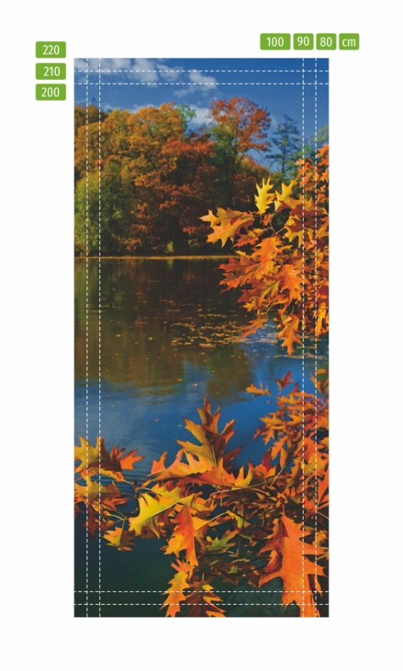 Fototapeta na drzwi jesienne liście na tle jeziora FP 6080 - Wzór graficzny. Liście w odcieniach pomarańczowym i żółtym