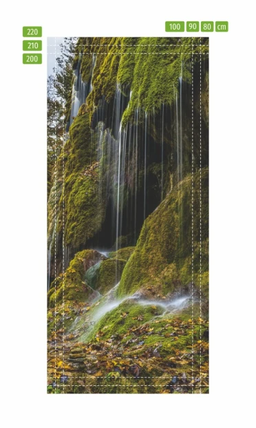 Fototapeta na drzwi jesienny wodospad FP 6084 - Wzór graficzny. Woda spływa po zielonych skałach, otoczenie z liści i mchu
