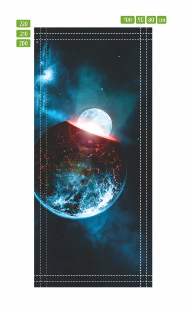 Fototapeta na drzwi kosmos FP 6101 - Wzór graficzny. Przedstawia planetę z czerwonymi detalami oraz jasnym słońcem w tle
