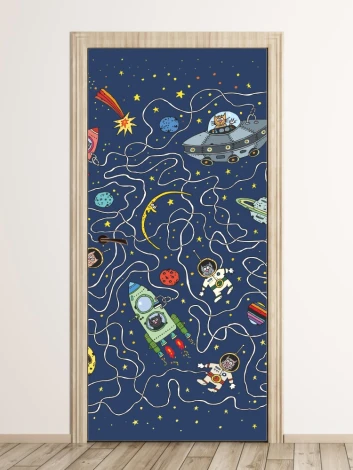 Fototapeta na drzwi koty w kosmosie FP 6100 - Wzór graficzny. Na granatowym tle widoczne są rakiety, planety i astronauty