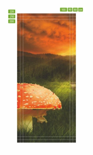Fototapeta na drzwi z muchomorem w ujęciu pokazującym linie pomocnicze do docinania wymiaru