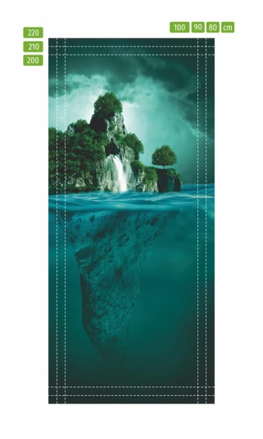 Fototapeta na drzwi tajemnicza wyspa FP 6094 - Wzór graficzny. Grafika przedstawia wyspę z wodospadem otoczoną drzewami