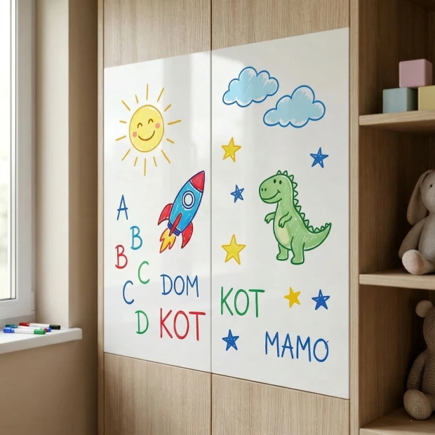 Tablica suchościeralna na drzwi w różnych kolorach - Aranżacja w pokoju dziecięcym. Ściany w jasnych kolorach, podłoga