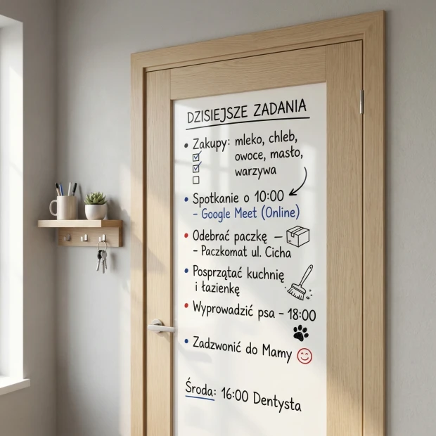 Tablica suchościeralna na drzwi w różnych kolorach - Aranżacja w przedpokoju. Jasne ściany i drewniane wykończenia