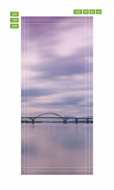 Fototapeta na drzwi z motywem mostu w formie infografiki z zaznaczonymi liniami cięcia i wymiarami