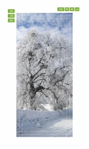 Fototapeta na drzwi z motywem ośnieżonego drzewa w formie infografiki z liniami cięcia i wymiarami