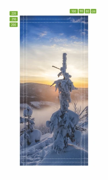 Fototapeta na drzwi ośnieżone drzewo FP 6148 - Wzór graficzny. Drzewo pokryte śniegiem na tle górskiego krajobrazu