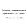 Szablon malarski cytat: Życie jest jak pudełko czekoladek 1968 - Wzór graficzny. Tekst w dwóch liniach, wyśrodkowany