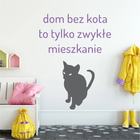 Szablon malarski dom bez kota to zwykłe mieszkanie 1954 - Aranżacja w pokoju. Ściany w jasnym kolorze, na nich szary kot