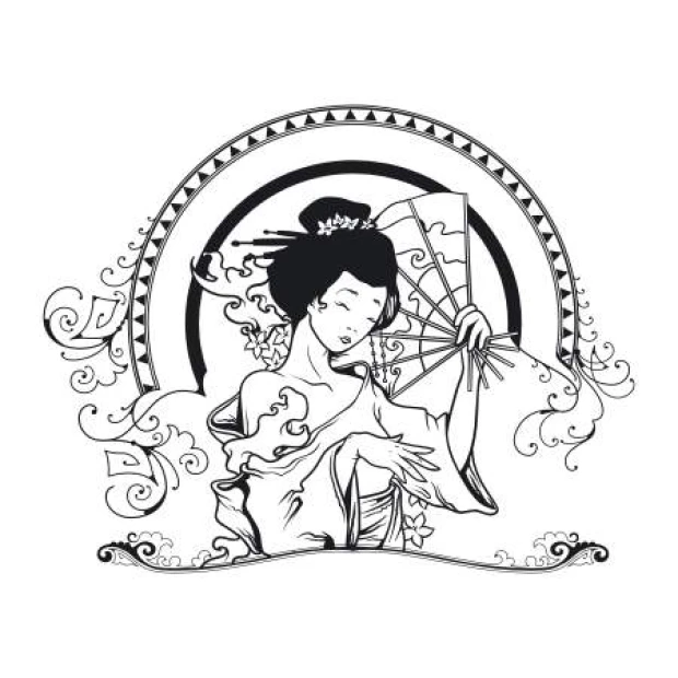Szablon do malowania geisha 2055 - Wzór graficzny. Postać kobiety z wachlarzem, faliste linie i ornamenty w tle