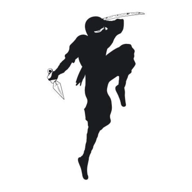 Szablon malarski dla dzieci ninja 2098 - Wzór graficzny. Postać ninja w dynamicznej pozycji, z uniesioną nogą i bronią