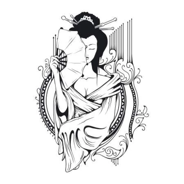 Szablon malarski geisha 2054 - Wzór graficzny. Postać kobiety z wachlarzem, otoczona ornamentami i falistymi liniami