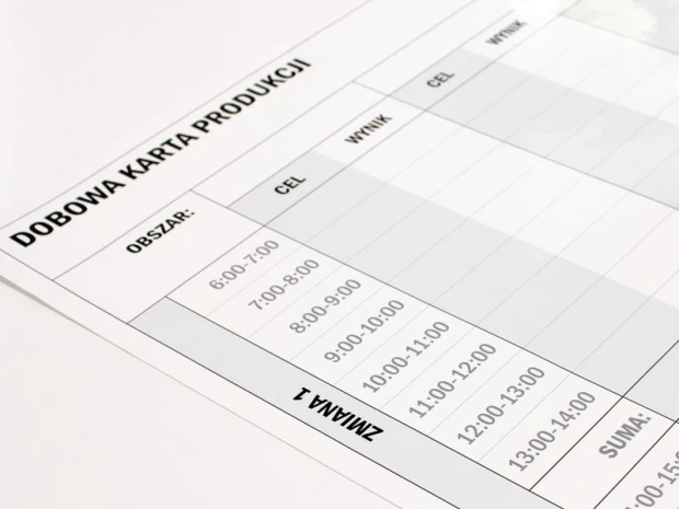 Tablica suchościeralna lean dobowa karta produkcji 069 - Wzór graficzny. Prosta siatka z kolumnami i wierszami, zawiera pola