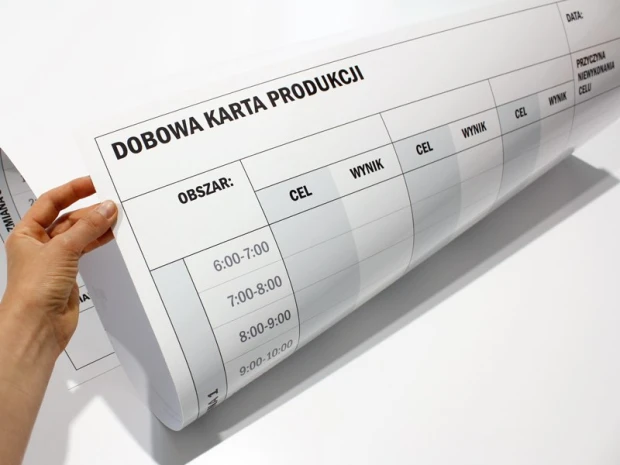 Tablica suchościeralna lean dobowa karta produkcji 069 - Wzór graficzny. Prosta tabela z kolumnami na cele i wyniki