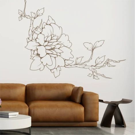 Szablon malarski gałąź kwiat 2110 - Aranżacja w salonie. Jasne ściany, brązowa sofa, nowoczesny stół