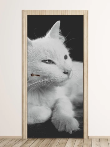 Fototapeta na drzwi biały kot FP 6169 - Wzór graficzny. Grafika przedstawia białego kota na ciemnym tle