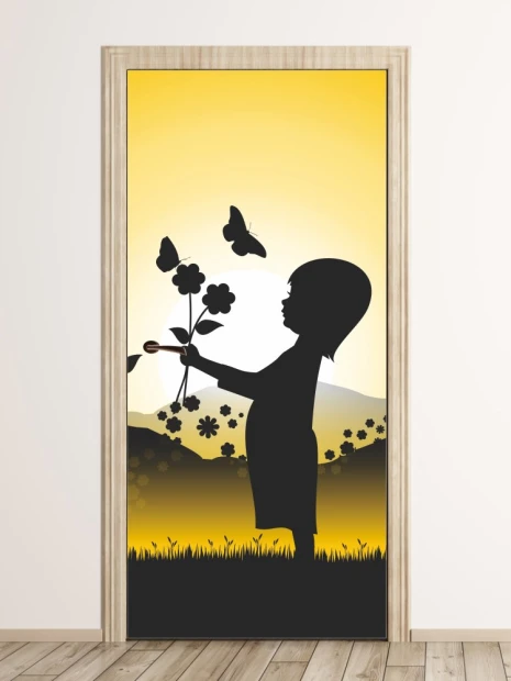 Fototapeta na drzwi dziewczynka FP 6152 - Wzór graficzny. Silhouette dziewczynki trzymającej kwiaty, motyle na tle