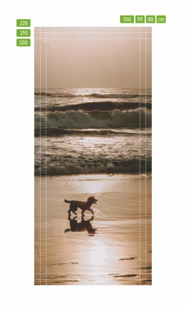 Fototapeta na drzwi spacer nad morzem FP 6175 - Wzór graficzny. Na tle morza widać psa biegnącego po plaży w blasku