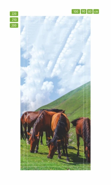 Fototapeta na drzwi stado koni FP 6186 - Wzór graficzny. Grafika przedstawia stado koni na zielonej łące z niebieskim niebem