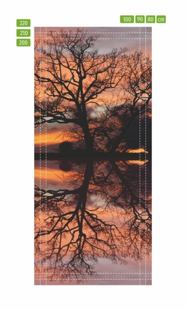Fototapeta na drzwi sylwetki drzew FP 6153 - Wzór graficzny. Grafika przedstawia drzewa na tle zachodzącego słońca