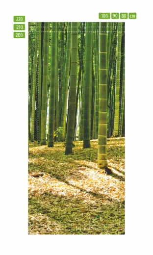 Fototapeta na drzwi z motywem lasu bambusowego w formie infografiki z zaznaczonymi wymiarami docięcia