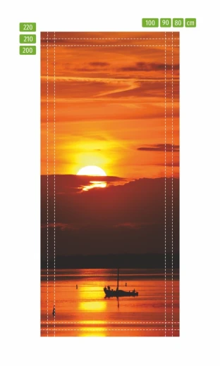 Fototapeta na drzwi z jachtem o zachodzie słońca, przedstawiona jako infografika z liniami pomocniczymi cięcia