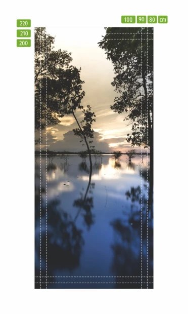 Fototapeta na drzwi z nadrukiem jeziora o zachodzie słońca i sylwetkami drzew, przedstawiona jako infografika