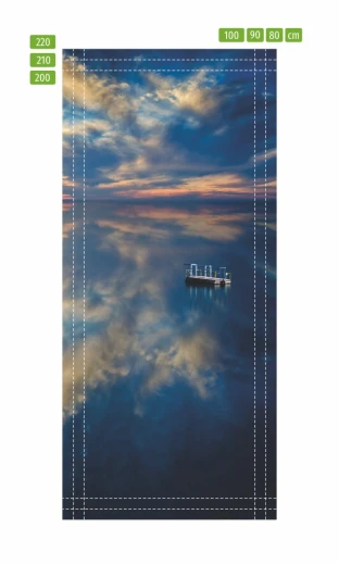 Fototapeta na drzwi z motywem jeziora w ujęciu z liniami pomocniczymi do docinania wymiaru