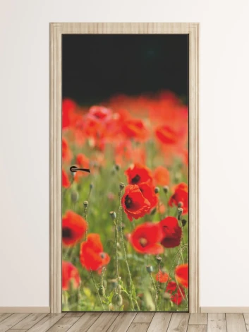 Fototapeta na drzwi pole maków FP 6217 - Wzór graficzny. Czerwone maki na zielonym tle, z delikatnym rozmyciem w tle