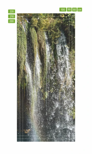 Fototapeta na drzwi wodospad FP 6238 - Wzór graficzny. Woda spływa z wysokich skał, otoczenie z roślinnością