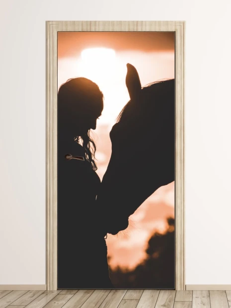 Fototapeta na drzwi sylwetki FP 6231 - Wzór graficzny. Silhouette kobiety z koniem na tle zachodzącego słońca