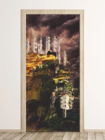 Fototapeta na drzwi abstrakcyjny zamek FP 6241 - Wzór graficzny. Zamek na wzgórzu otoczony chmurami i zielenią