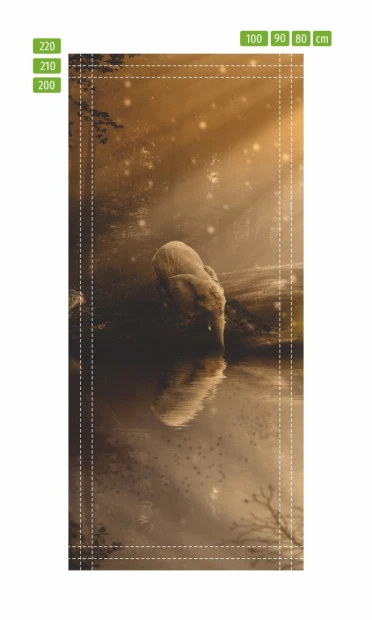Fototapeta na drzwi baśniowy słoń FP 6248 - Wzór graficzny. Słoń stoi nad wodą w lesie, otoczony mgłą i światłem