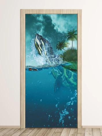Fototapeta na drzwi dla dzieci bajkowy zółw FP 6260 - Wzór graficzny. Żółw wyskakuje z wody, otoczony palmami i bąbelkami