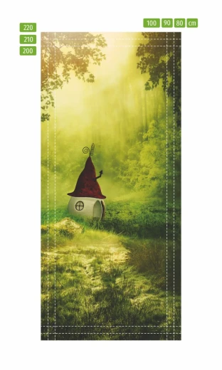 Fototapeta na drzwi z bajkowym domkiem w lesie, przedstawiona jako infografika z liniami cięcia i wymiarami