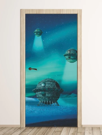 Fototapeta na drzwi lądowanie UFO FP 6245 - Wzór graficzny. Trzy statki kosmiczne na tle nocnego nieba z gwiazdami i zieloną