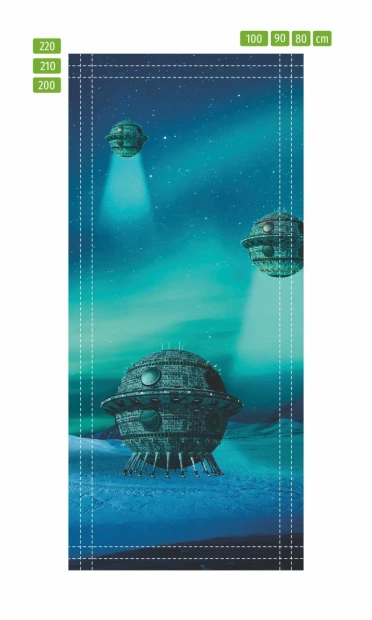 Fototapeta na drzwi lądowanie UFO FP 6245 - Wzór graficzny. Trzy statki kosmiczne unoszą się nad niebieskim tłem z zielonymi