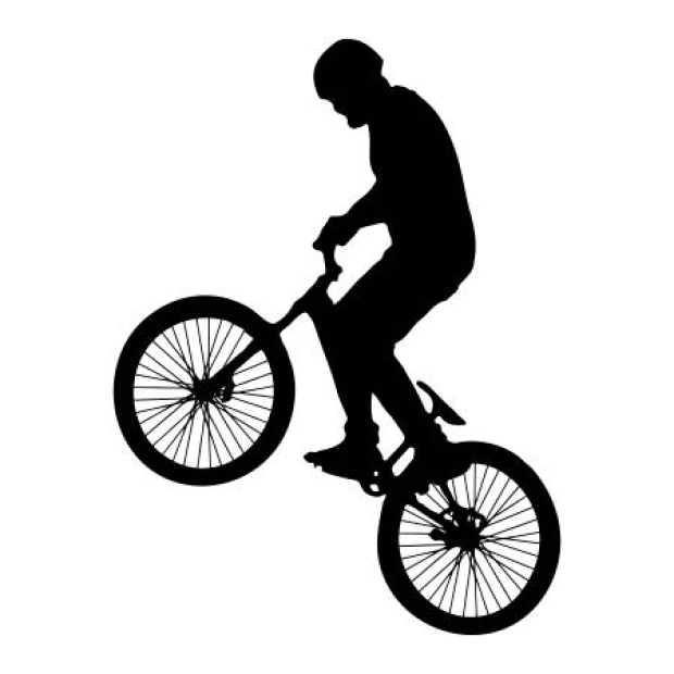 Naklejka na ścianę z motywem rowerzysty wykonującego trik na BMX w przykładowym czarnym kolorze na białym tle