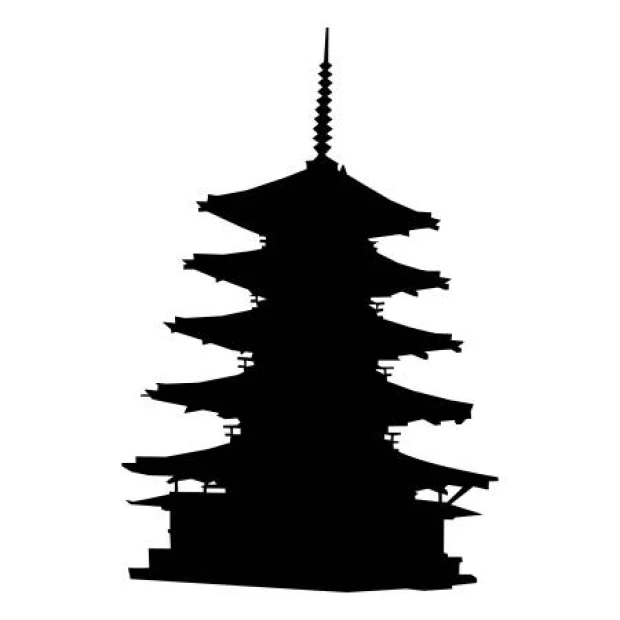 Naklejka na ścianę pagoda 2288 - Wzór graficzny. Grafika przedstawia sylwetkę pagody z wieloma dachami i wieżyczką