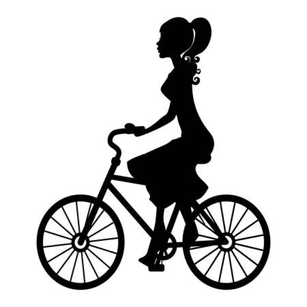 Naklejka na ścianę rowerzystka 2326 - Wzór graficzny. Siluetka kobiety na rowerze w profilu, z długimi włosami i sukience