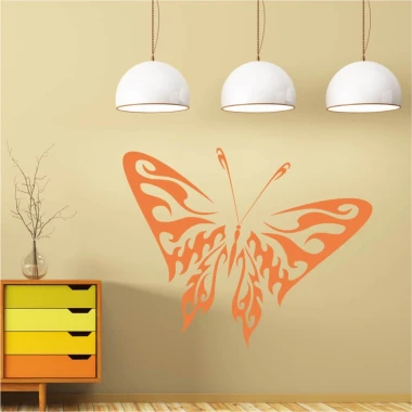 Naklejka na ścianę ognisty motyl 2355 - Aranżacja w salonie. Ściana w jasnym kolorze, podłoga drewniana, nowoczesne lampy