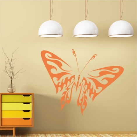 Naklejka na ścianę ognisty motyl 2355 - Aranżacja w salonie. Ściana w jasnym kolorze, podłoga drewniana, nowoczesne lampy
